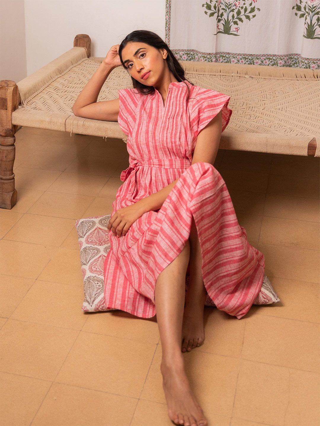 myaara red cotton striped ethnic maxi dress