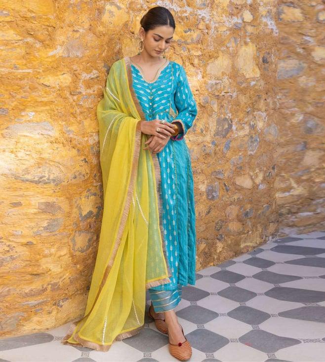 myaara turquoise sunaar a-line kurta with pant and dupatta