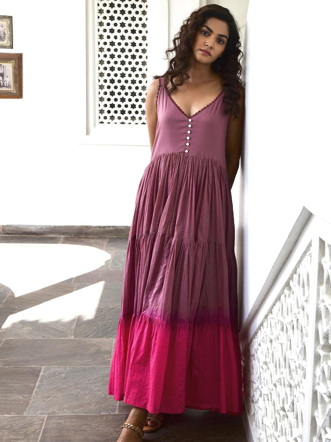 myaara v-neck tiered cotton maxi dress