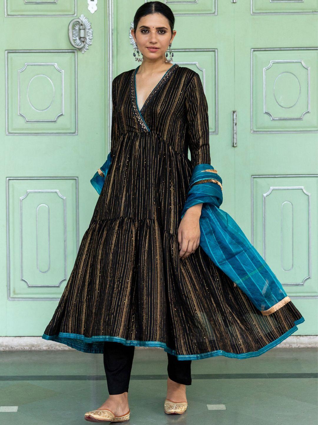 myaara women black printed angrakha kurta with trousers & with dupatta