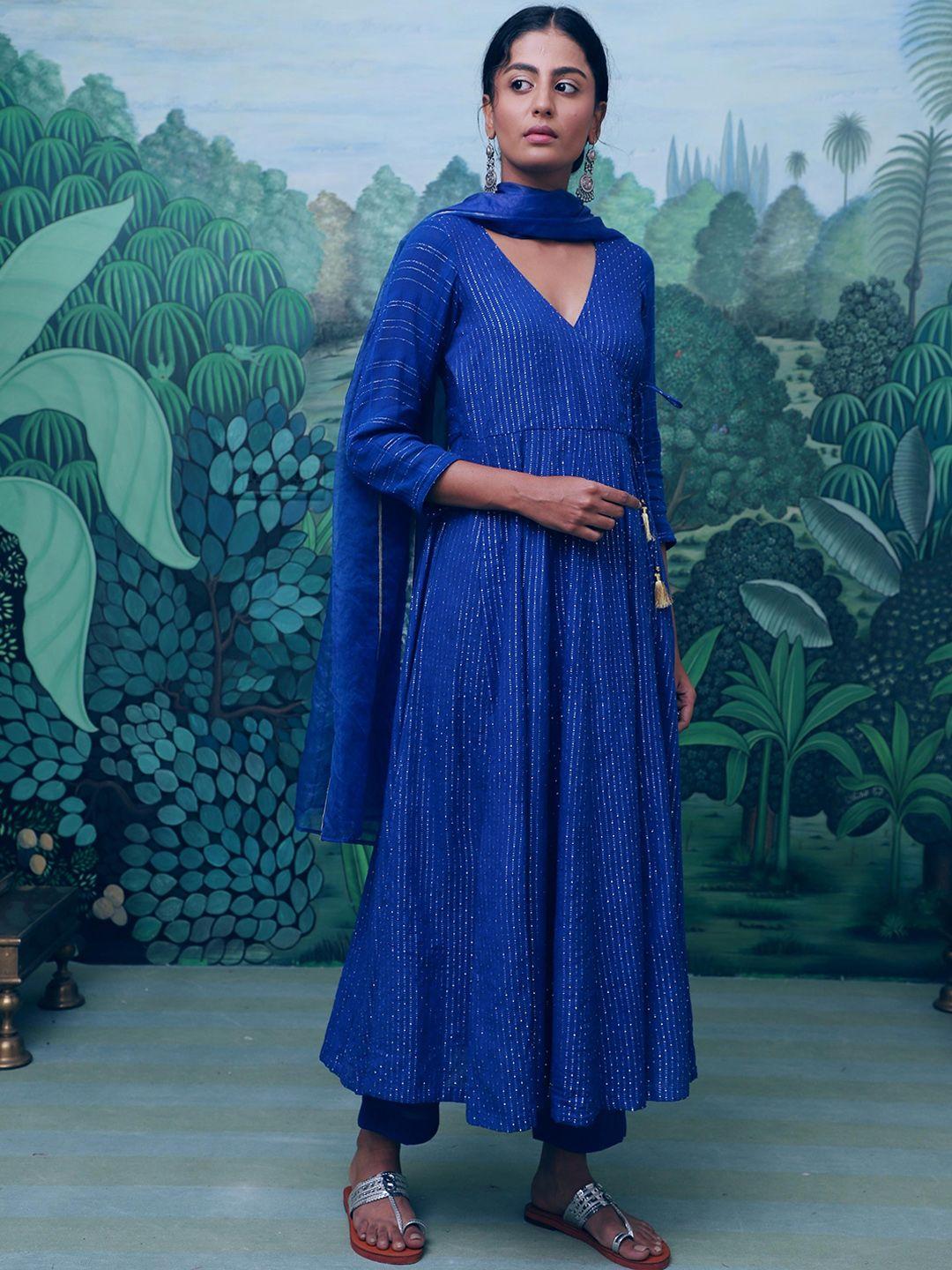 myaara women blue angrakha gotta patti kurta with trousers & with dupatta