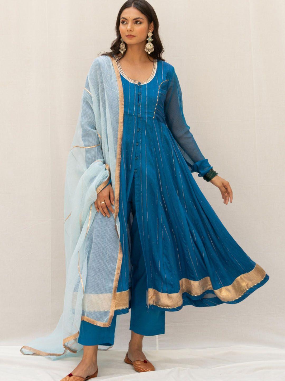 myaara women blue high slit kurta with trousers & with dupatta