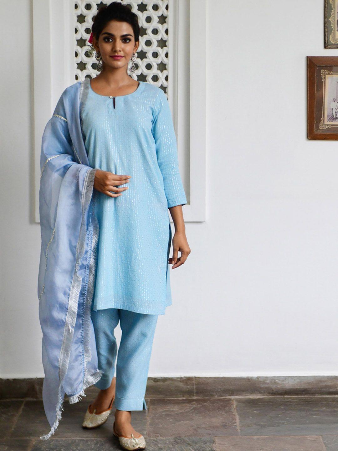 myaara women blue kurta with trousers & with dupatta