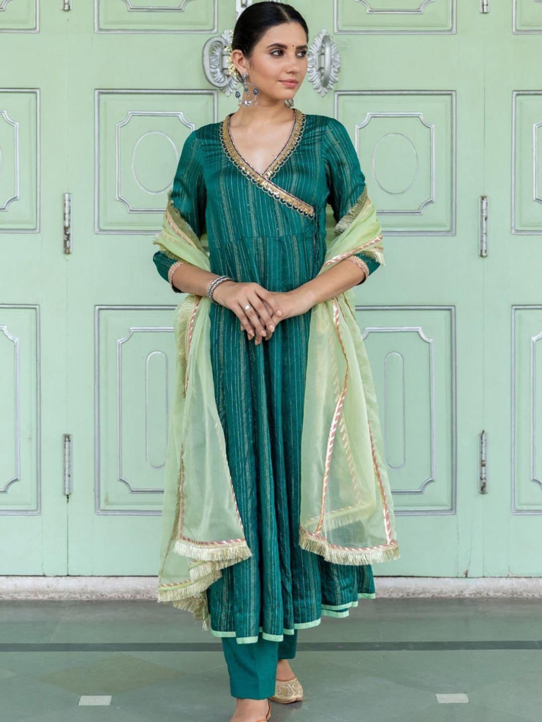 myaara women green angrakha kurta with trousers & dupatta