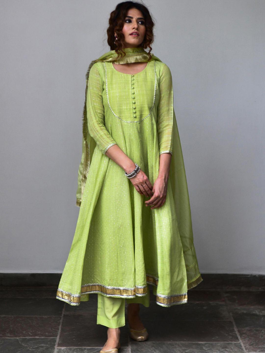 myaara women green empire gotta patti kurta with trousers & with dupatta