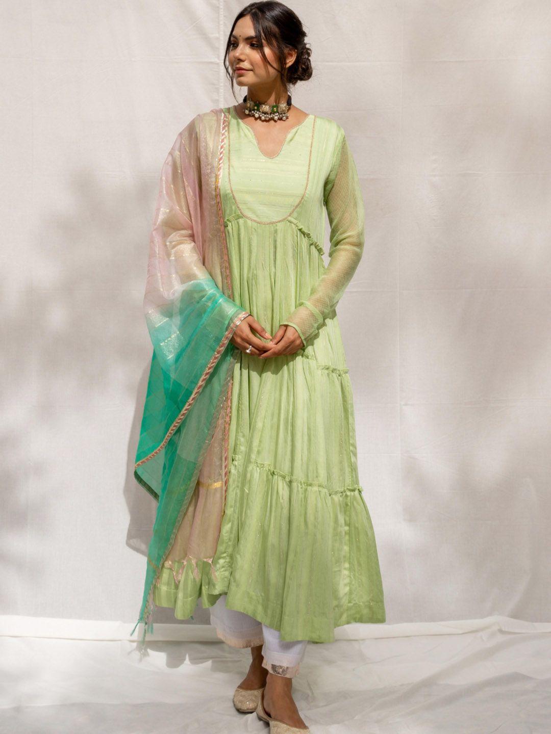 myaara women green empire gotta patti kurta with trousers & with dupatta