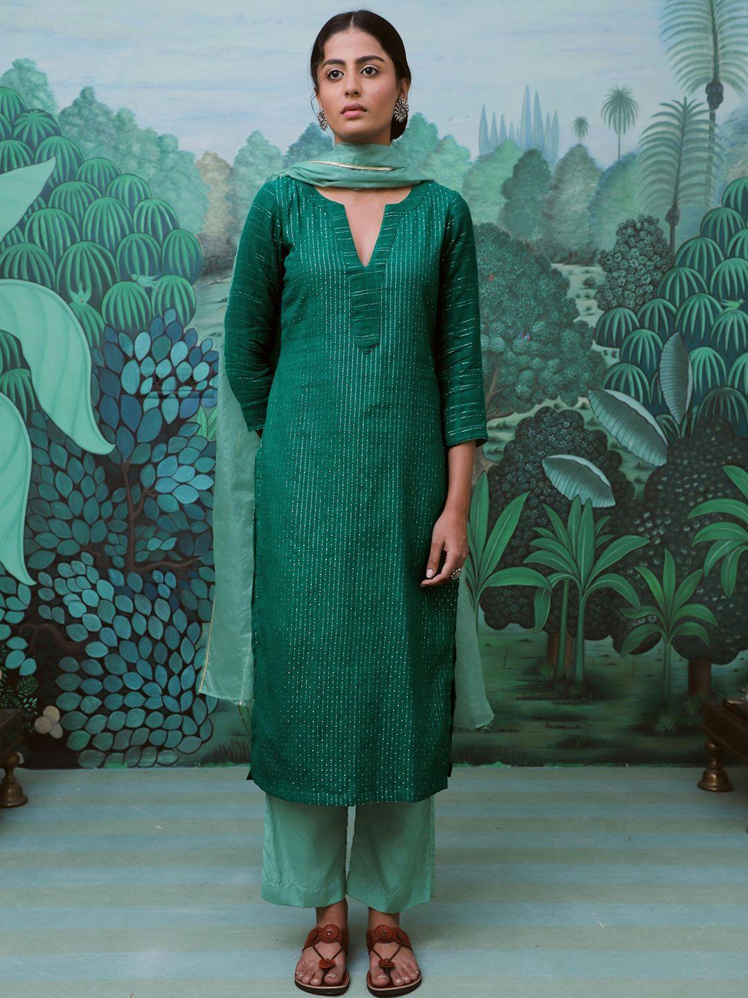 myaara women green kurta with trousers & with dupatta