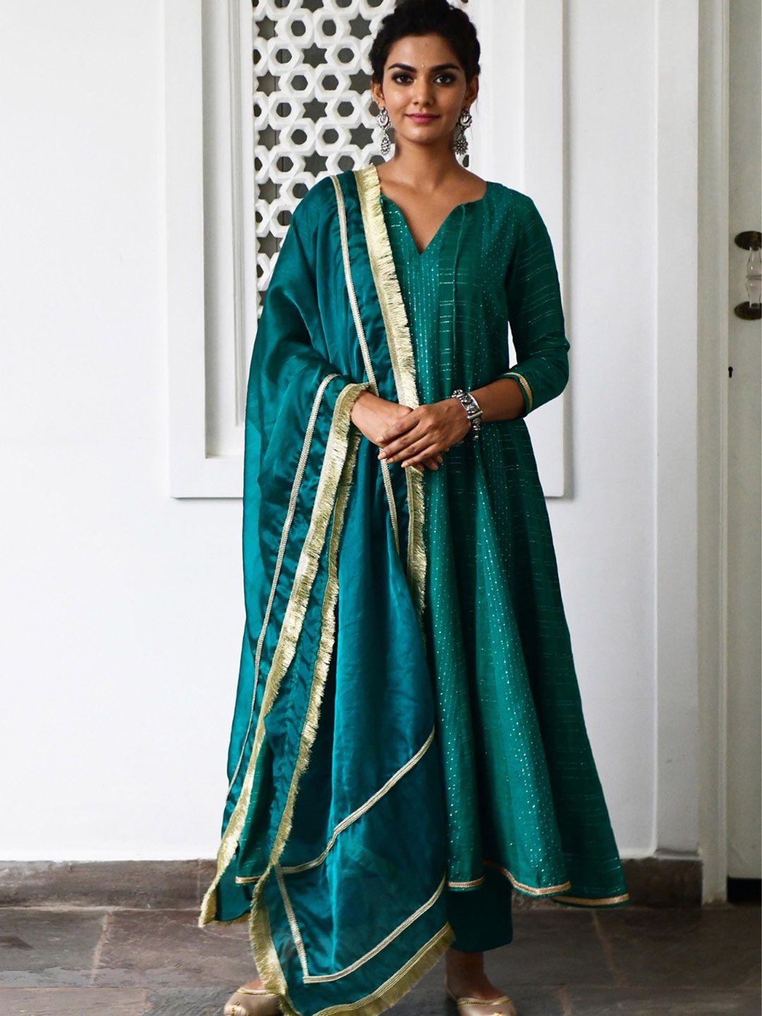 myaara women green kurta with trousers & with dupatta