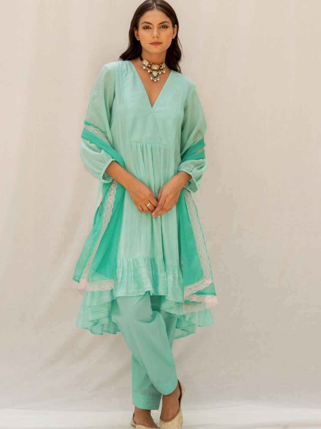 myaara women green tiered chanderi cotton kurta with salwar & with dupatta