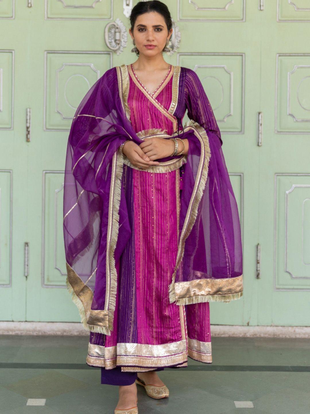 myaara women magenta printed angrakha gotta patti kurta with trousers & with dupatta