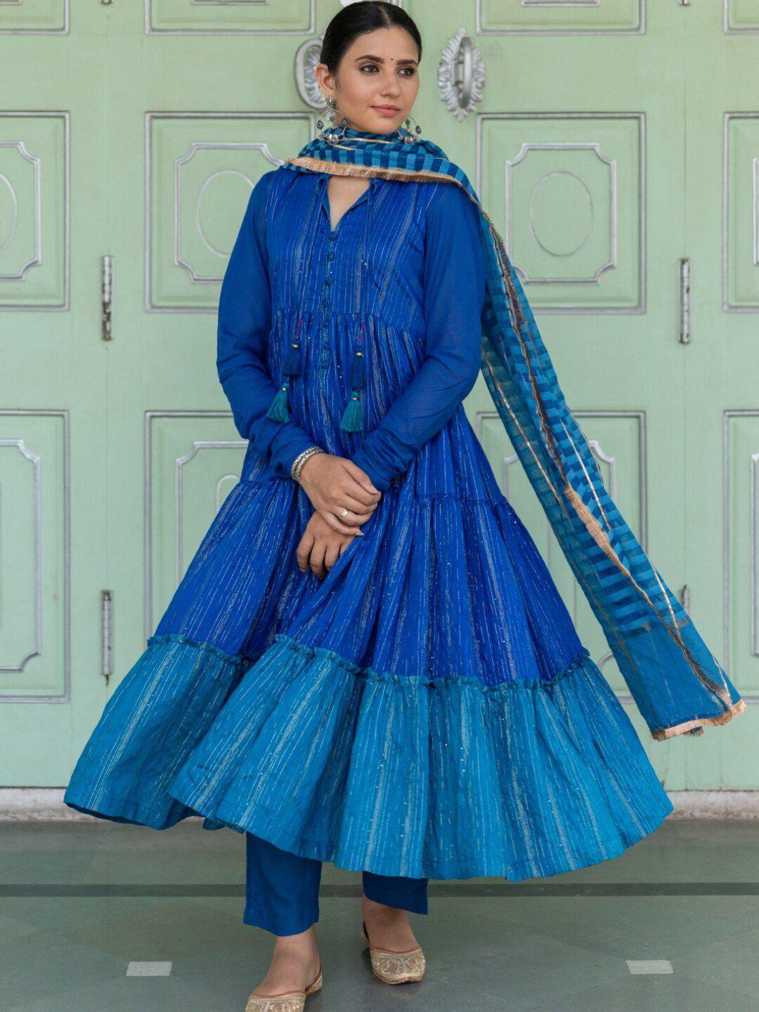 myaara women navy blue printed kurta with trousers & with dupatta
