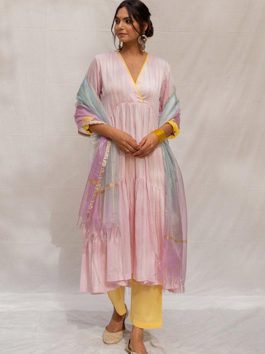 myaara women pink angrakha gotta patti kurta with trousers & with dupatta