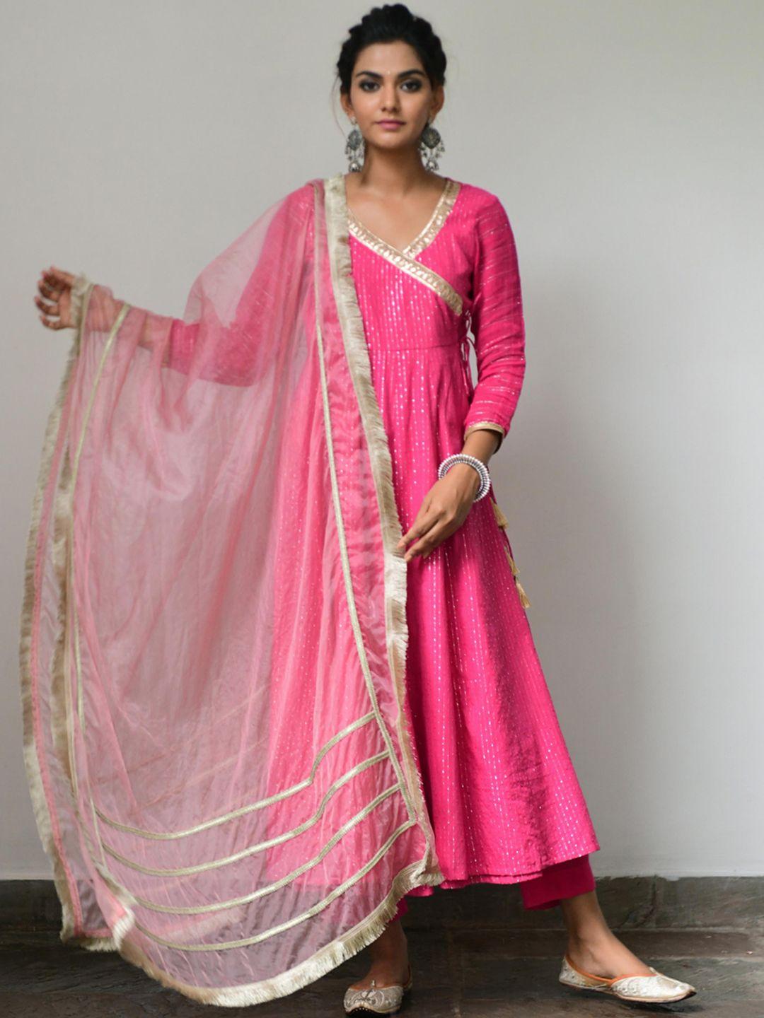 myaara women pink embroidered angrakha gotta patti kurta with trousers & with dupatta