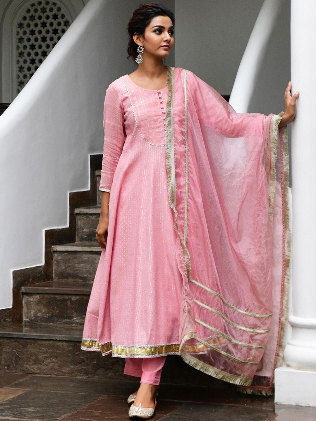 myaara women pink empire gotta patti kurta with trousers & with dupatta