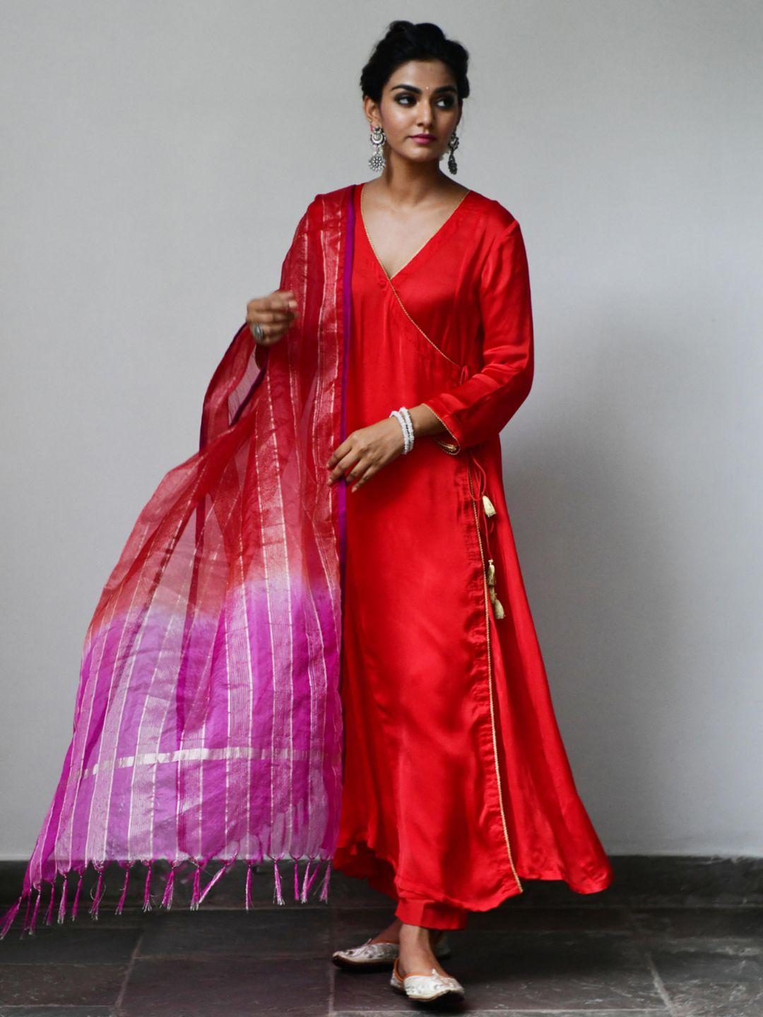 myaara women red angrakha kurta with trousers & with dupatta