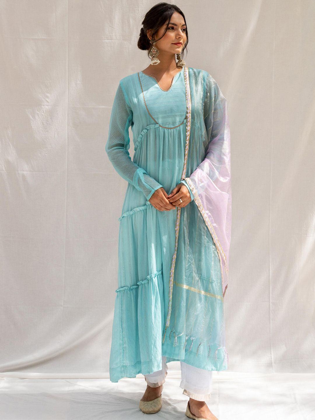myaara women turquoise blue empire gotta patti kurta with trousers & with dupatta