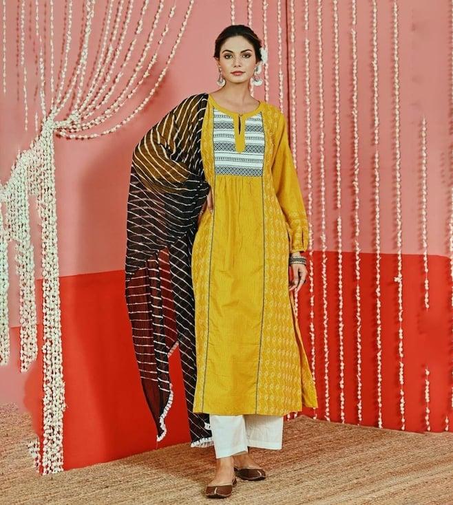 myaara yellow kantha cotton kurta with pant and leheriya chiffon dupatta