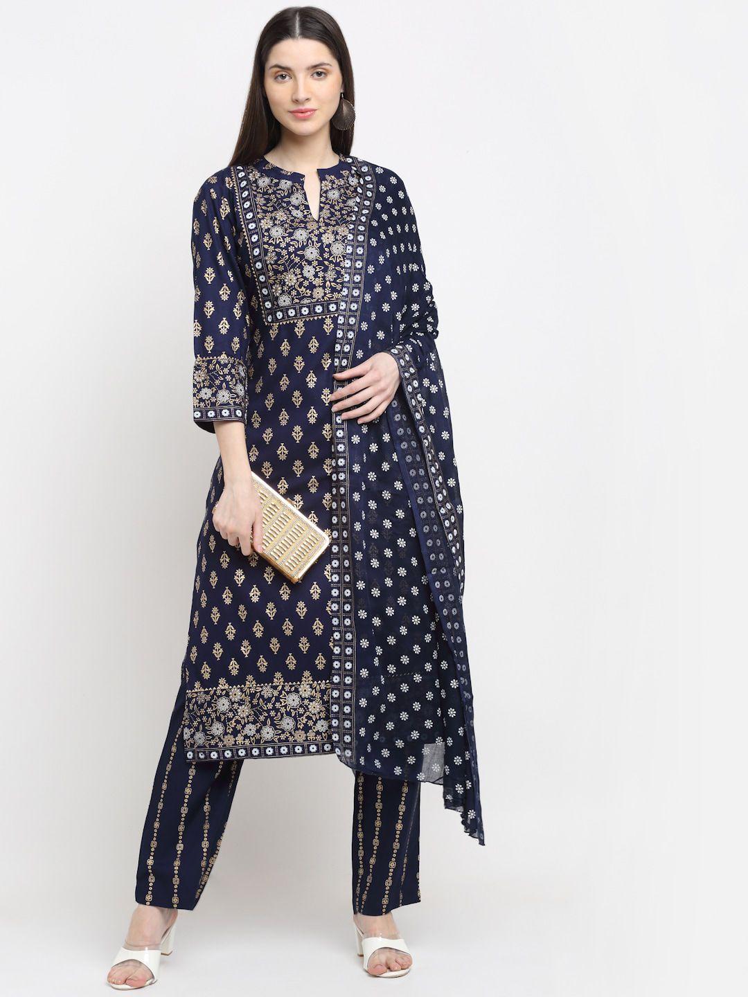 myaza women blue paisley printed layered gotta patti kurti with trousers & with dupatta