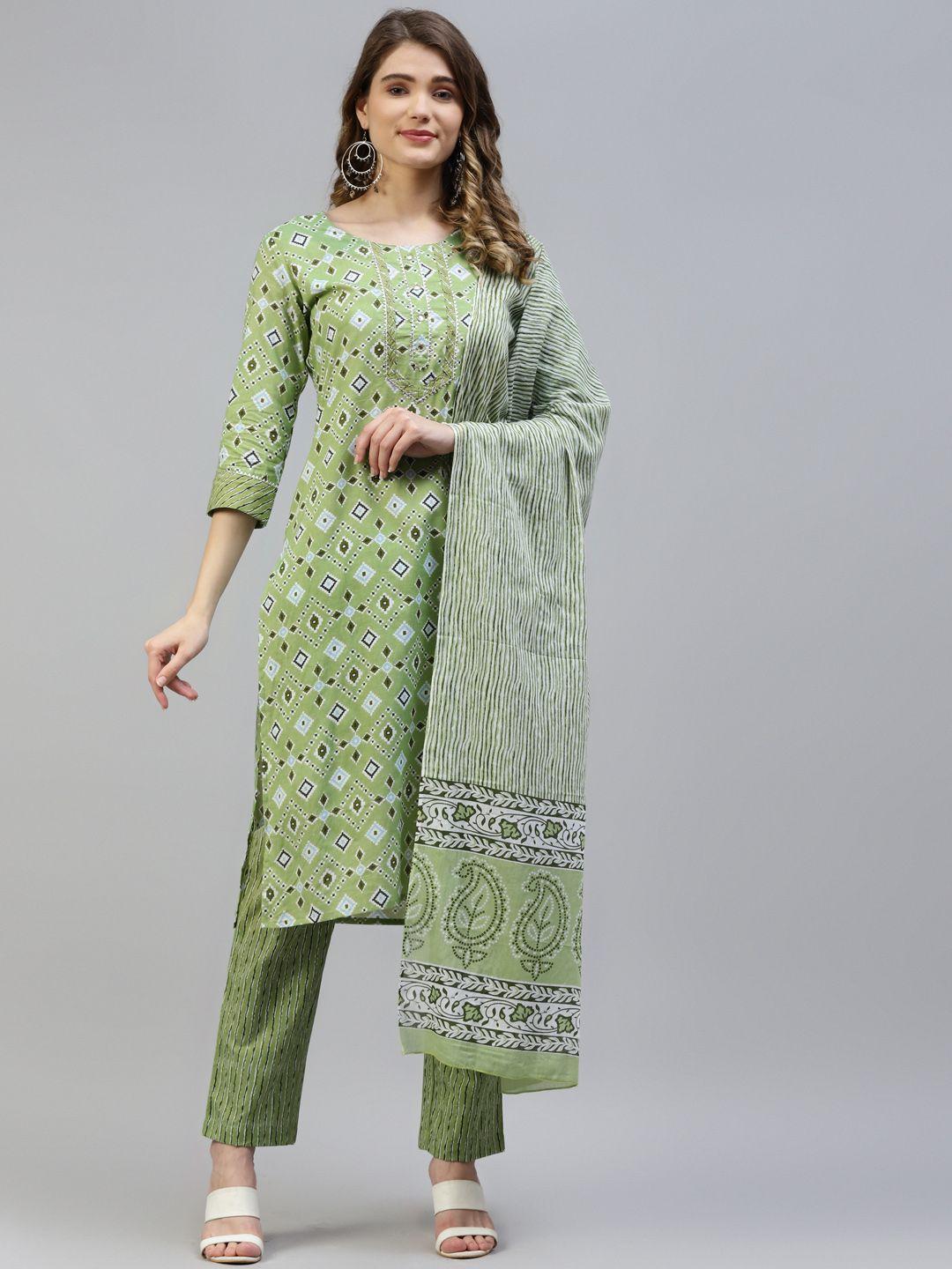 myaza women green & blue pure cotton geometric print mirror work kurta with trousers