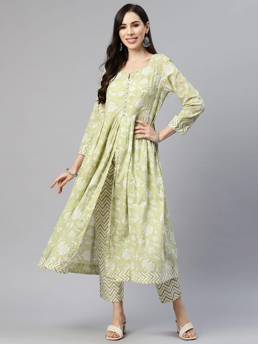 myaza women green floral printed pure cotton kurta with trousers