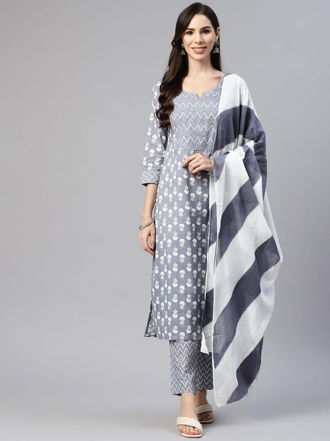 myaza women grey ethnic motifs printed pure cotton kurta with trousers &  dupatta