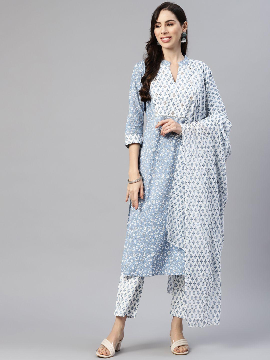 myaza women grey floral printed gotta patti pure cotton kurta with trousers & dupatta