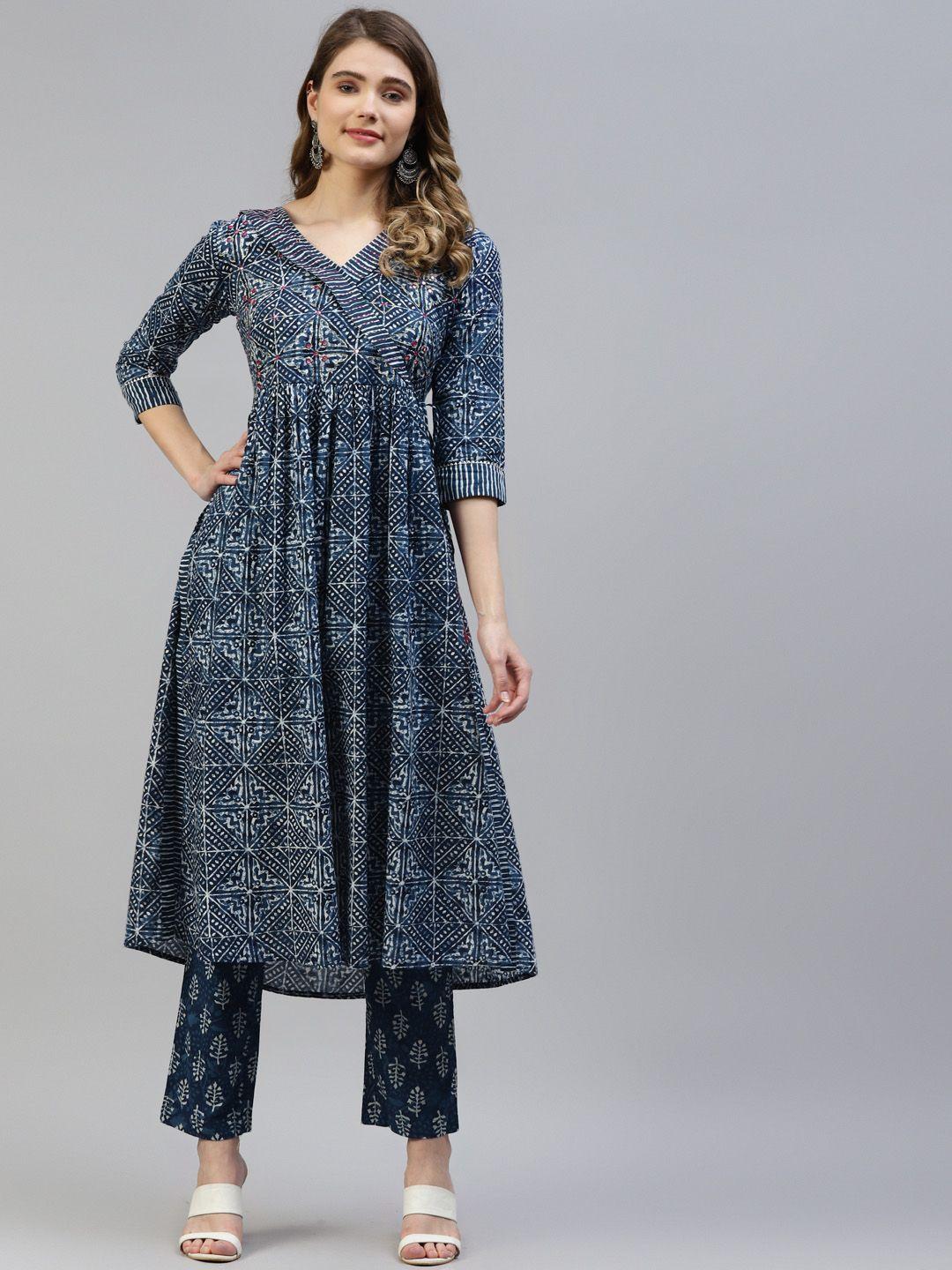 myaza women navy blue & white pure cotton floral print kurta with trousers