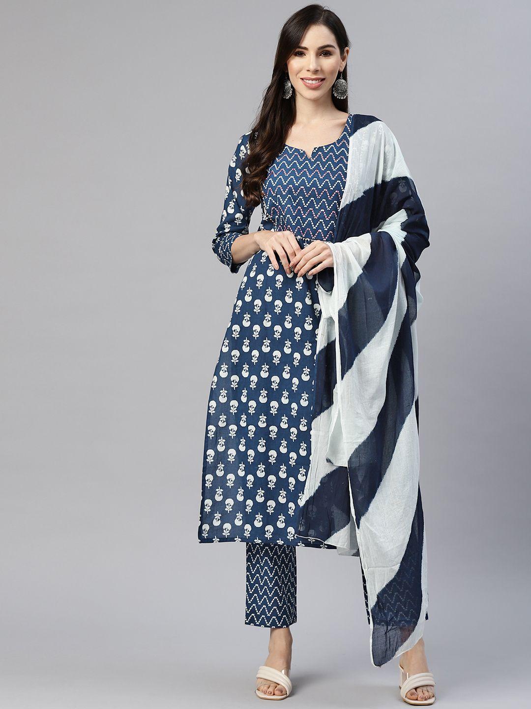 myaza women navy blue printed pure cotton kurta with trousers & dupatta