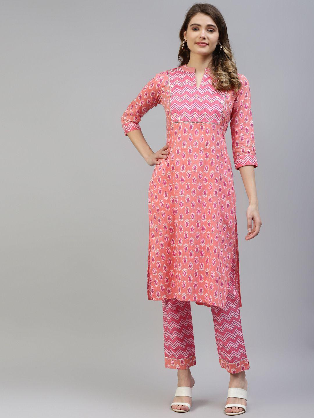 myaza women peach-coloured & pink cotton floral print gotta patti kurta with trousers