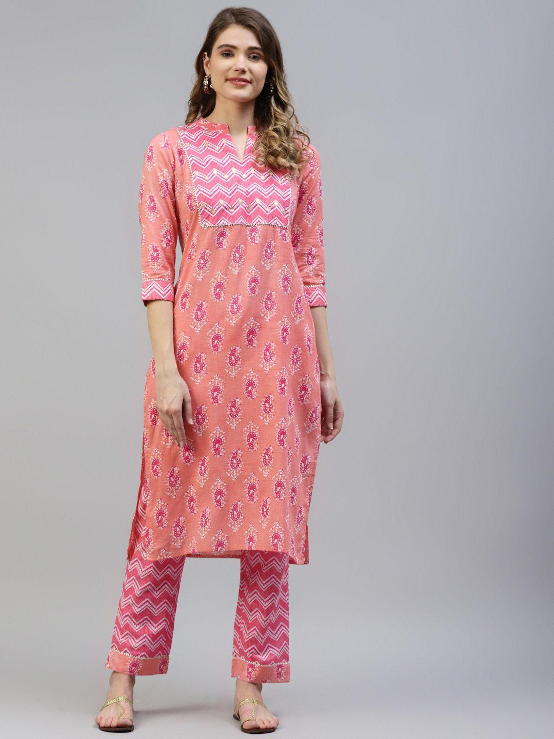 myaza women peach-coloured & pink cotton floral print gotta patti kurta with trousers