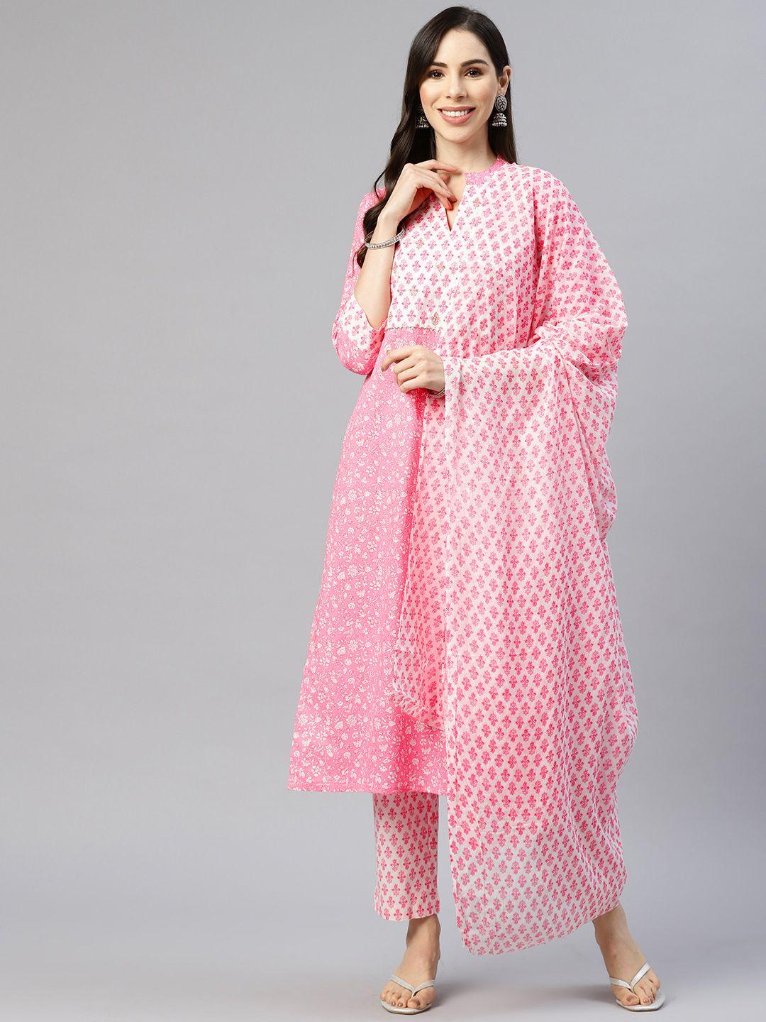 myaza women pink floral printed pure cotton kurta with trousers & dupatta