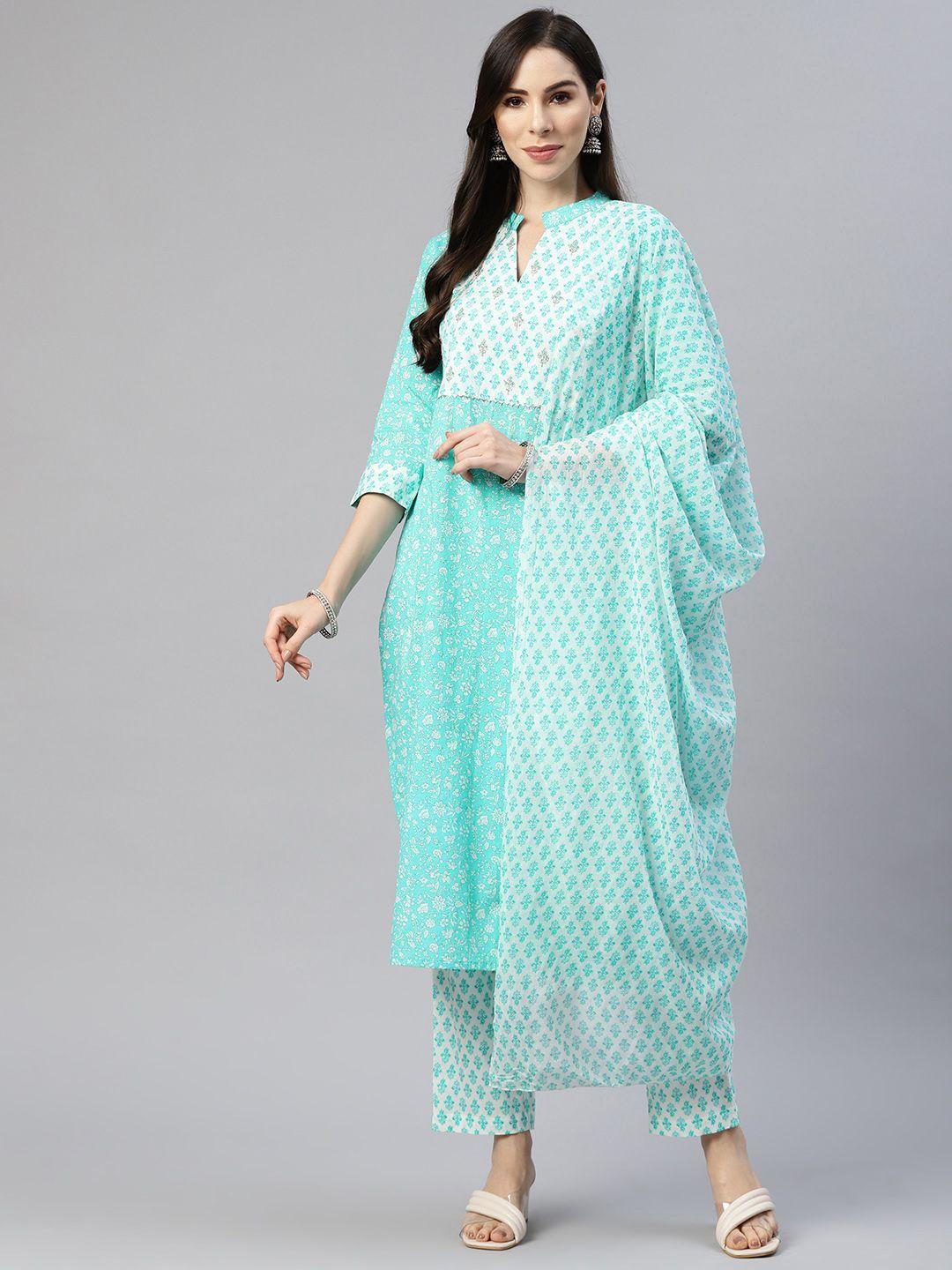 myaza women turquoise blue floral printed pure cotton kurta with trousers & dupatta