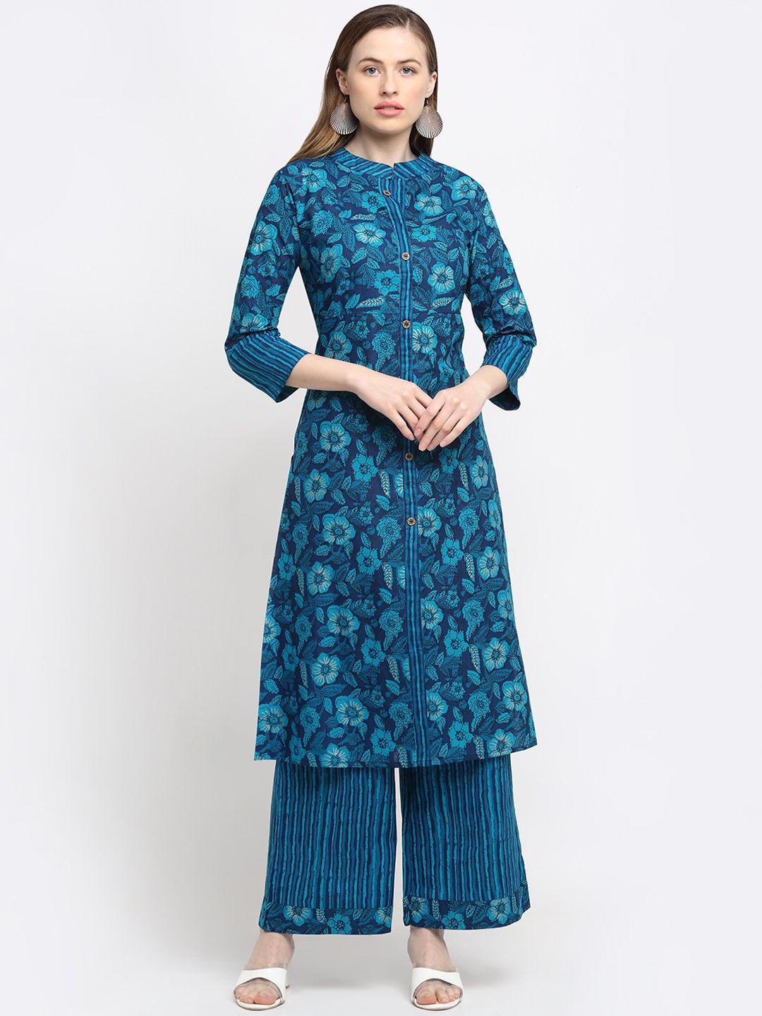 myaza women turquoise blue printed kurta with palazzos