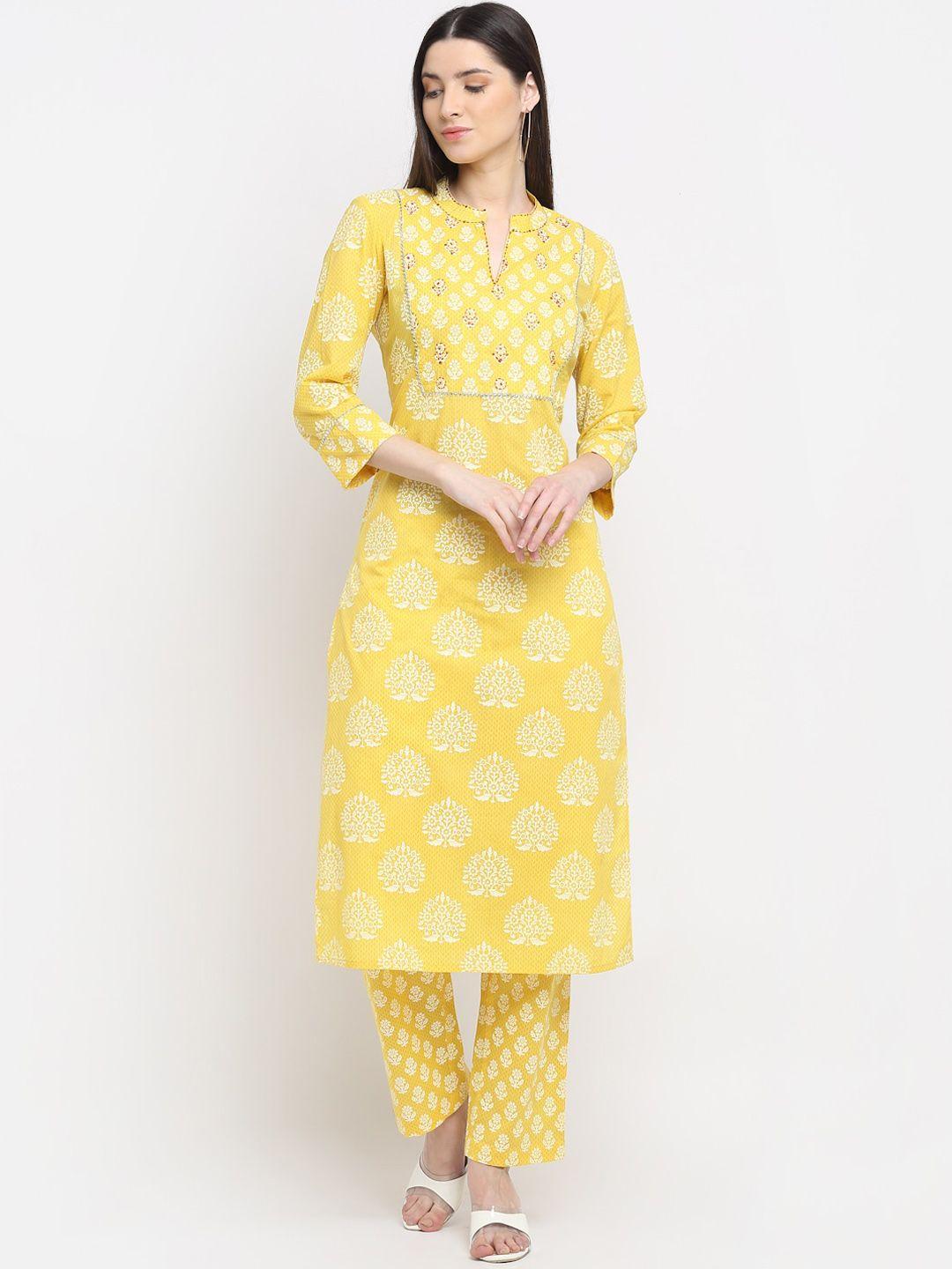 myaza women yellow ethnic motifs printed thread work pure cotton kurti with trousers
