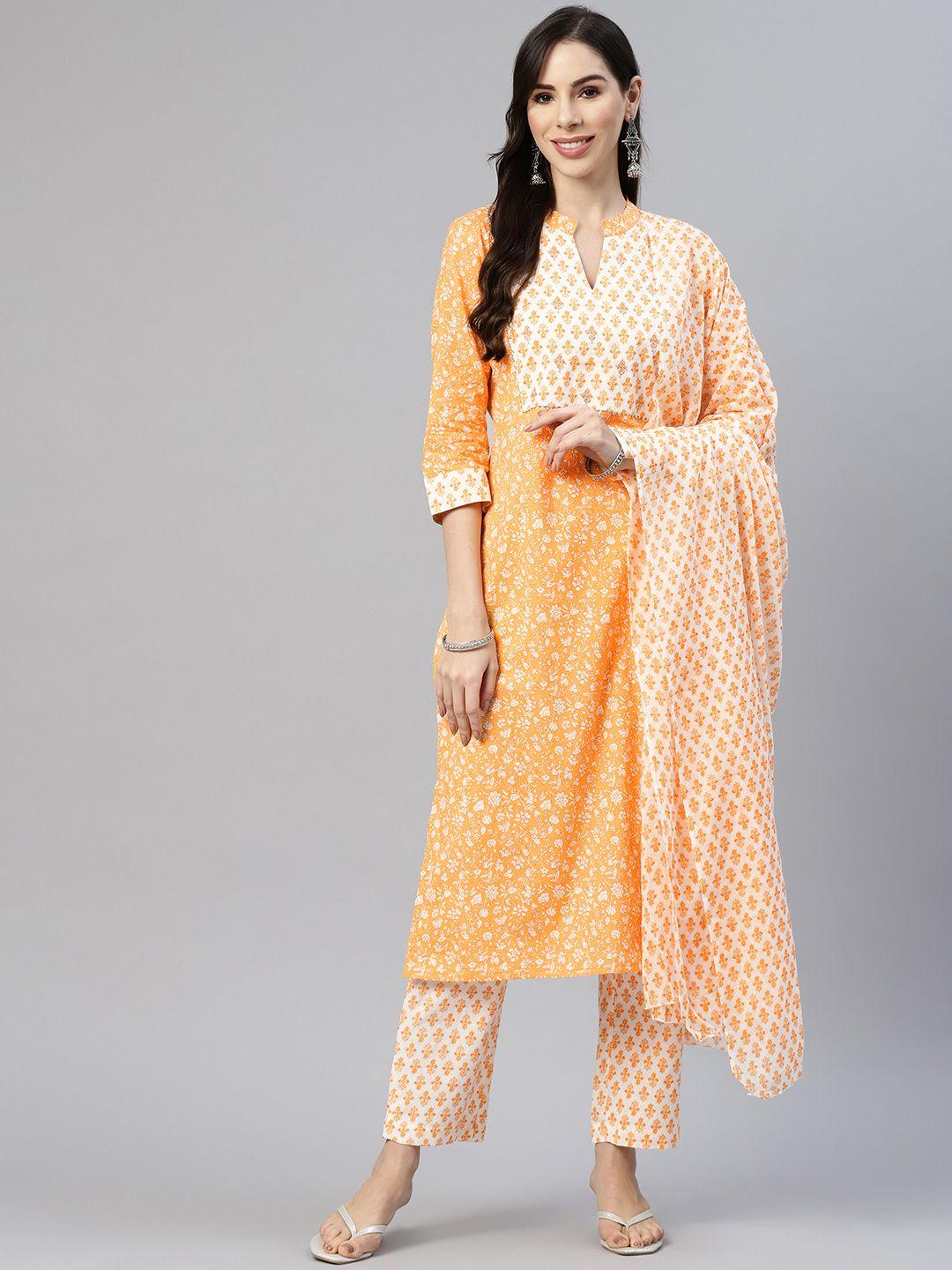 myaza women yellow floral printed pure cotton kurta with trousers &  dupatta