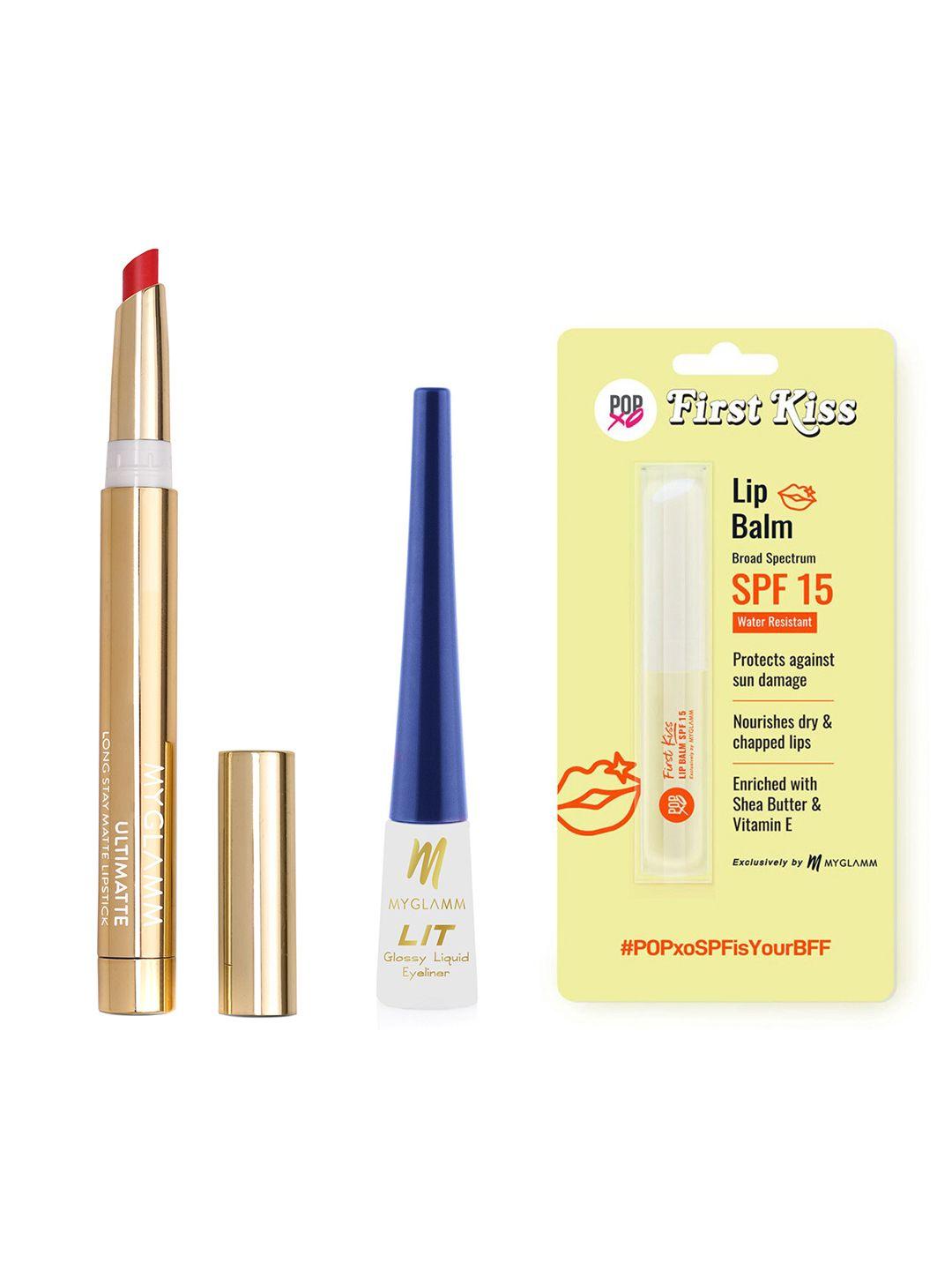 myglamm popxo first kiss spf 15 lip balm + lit glossy liquid eyeliner + ultimatte lipstick