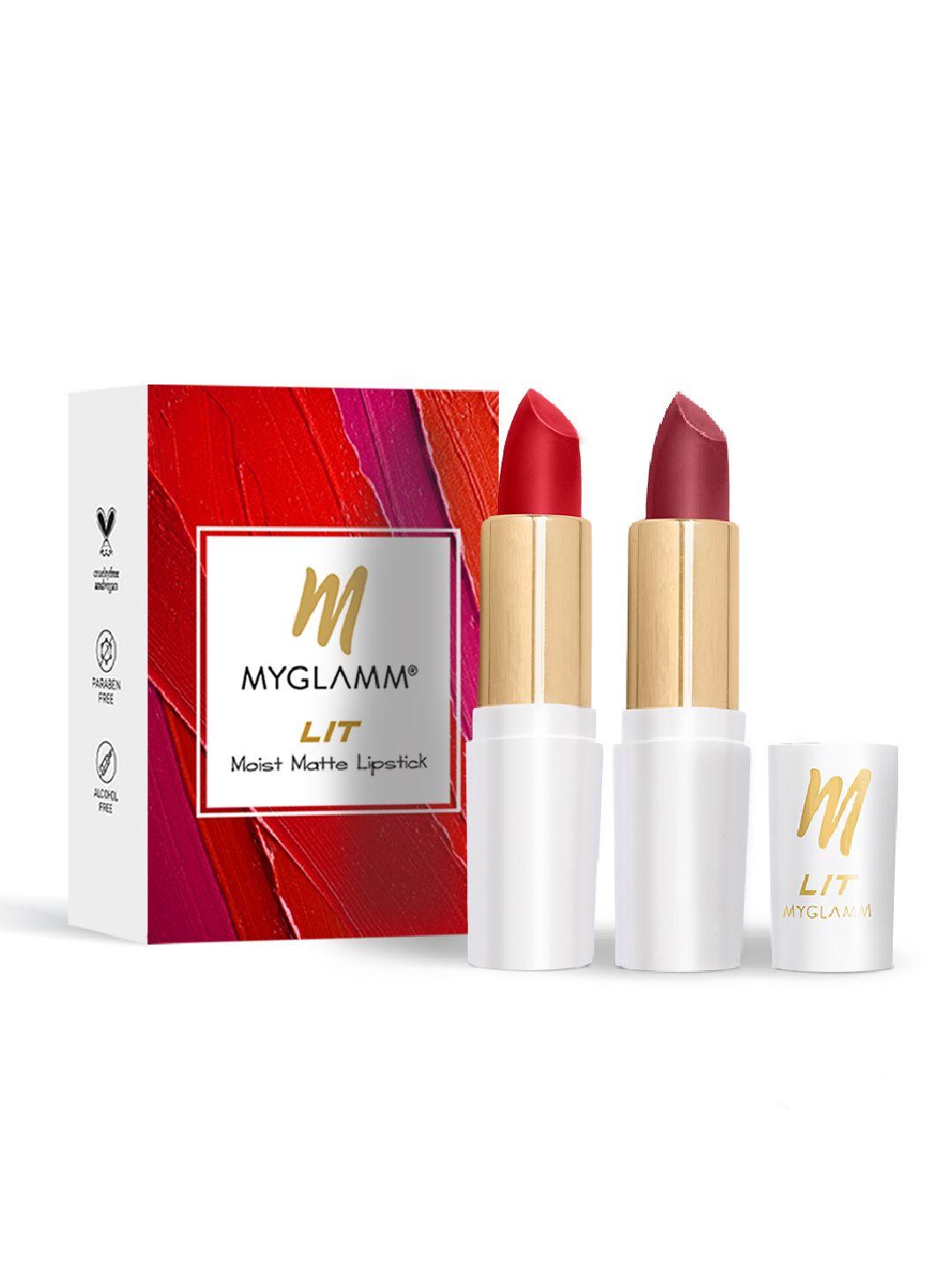 myglamm set of 2 lit moist matte lipstick - red rabel - pink rose - 54gm