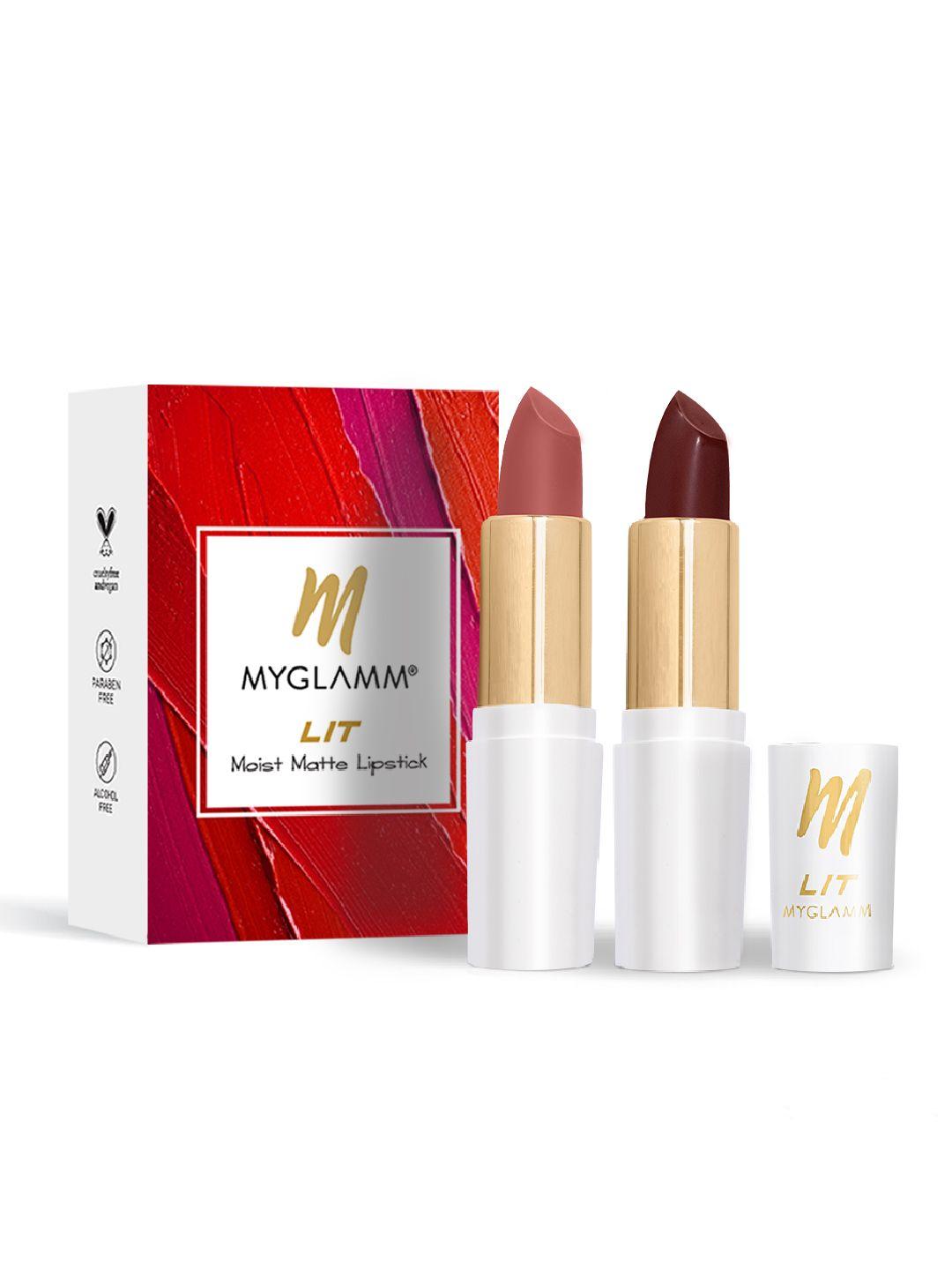 myglamm set of 2 lit moist matte lipstick-pink crush - brown delight - 54gm