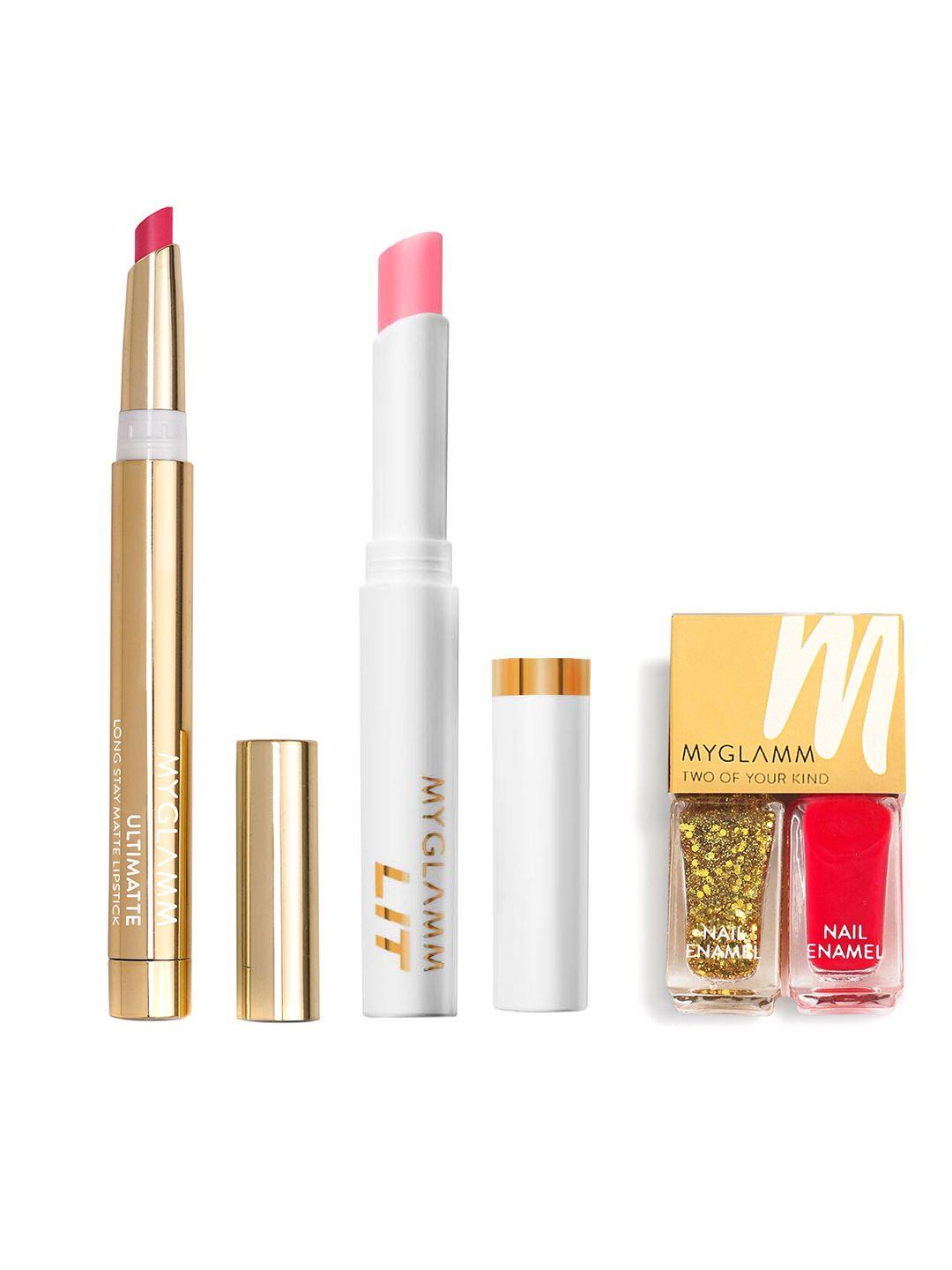 myglamm ultimatte lipstick + lit ph lip balm + two of your kind glitter nail enamel duo
