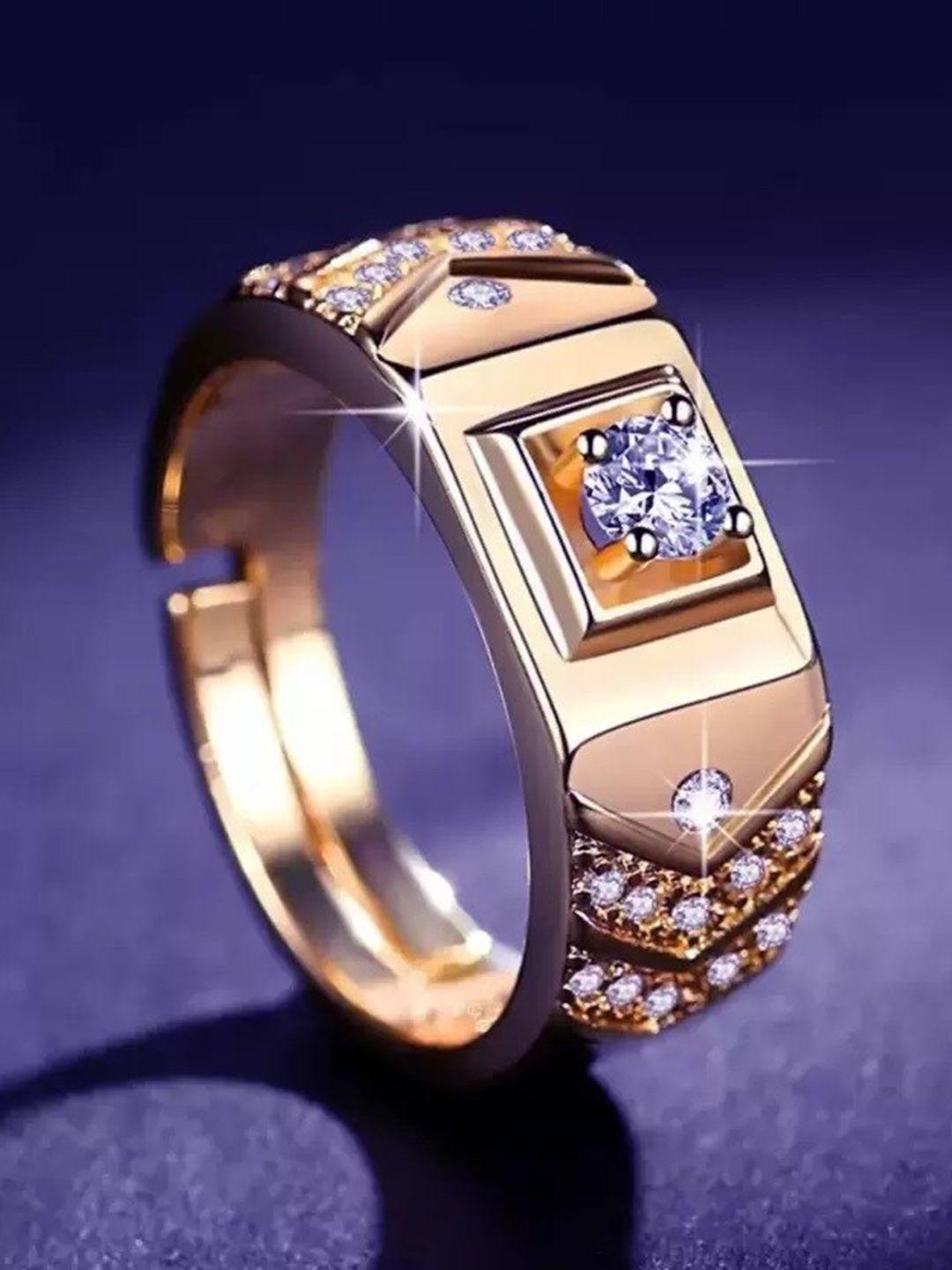 myki men rose gold-plated cubic zirconia stone-studded adjustable finger ring