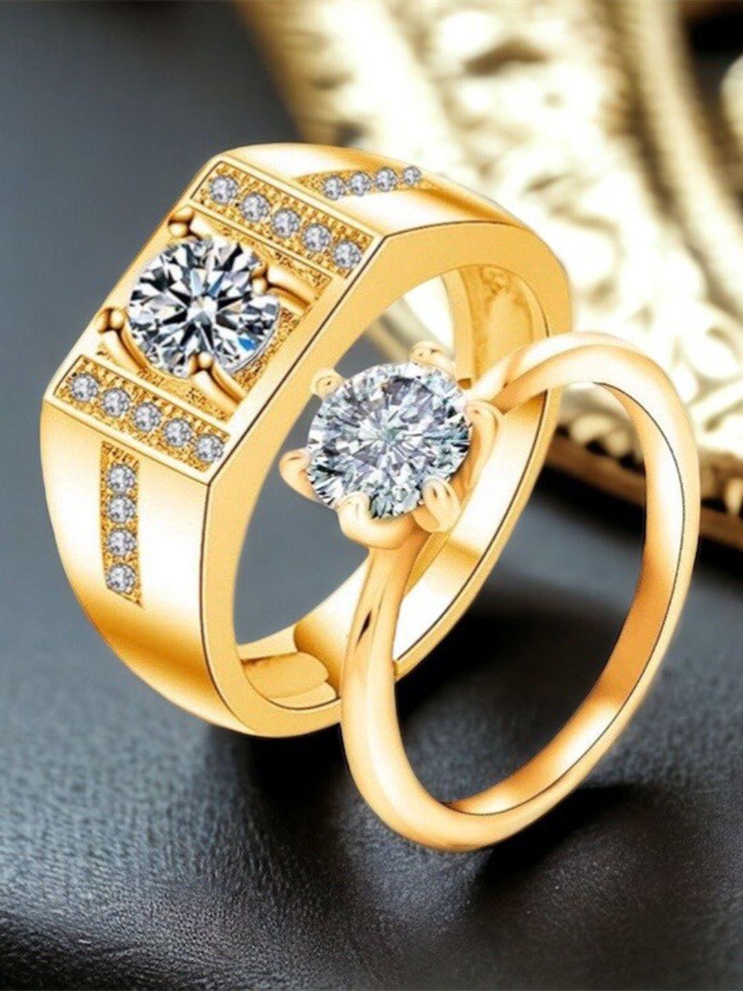 myki unisex set of 2 gold-plated cz-studded couple adjustable finger rings