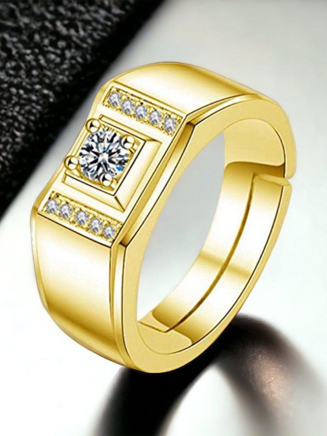 myki men gold-plated & cz stone-studded adjustable stainless steel finger ring