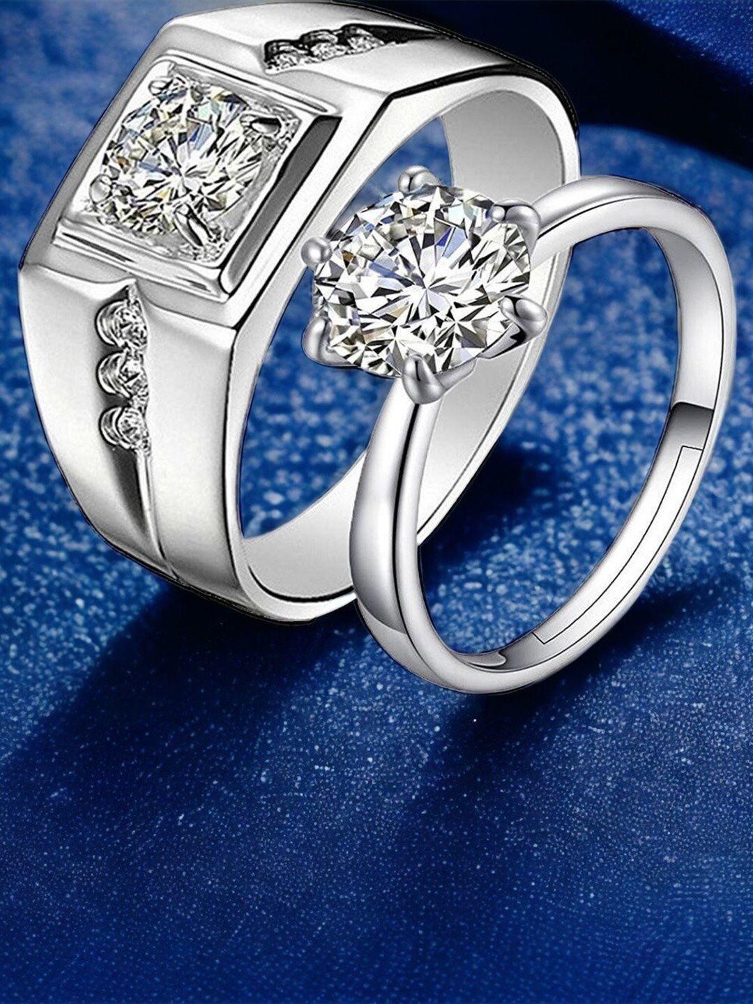 myki set of 2 silver-plated & cz-studded couple adjustable finger rings