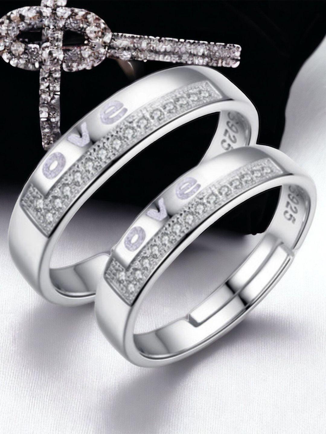 myki set of 2 silver-plated stainless steel cubic zirconia-studded couple rings