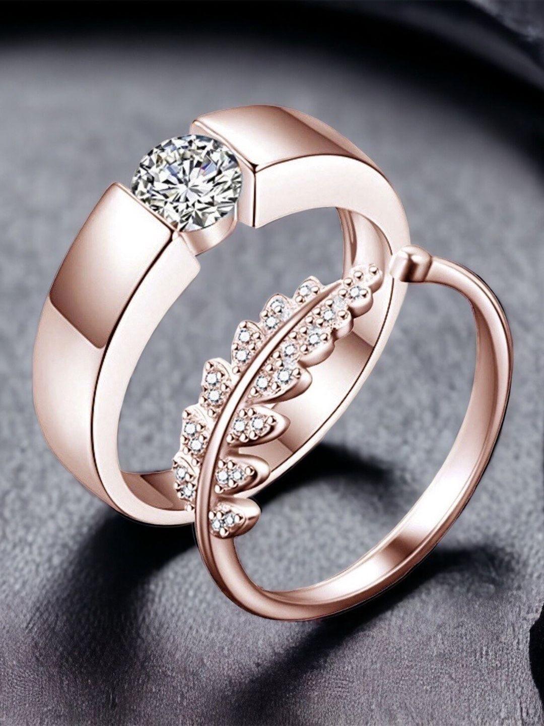 myki set of 2 stainless steel rose gold-plated cz-studded couple adjustable finger rings