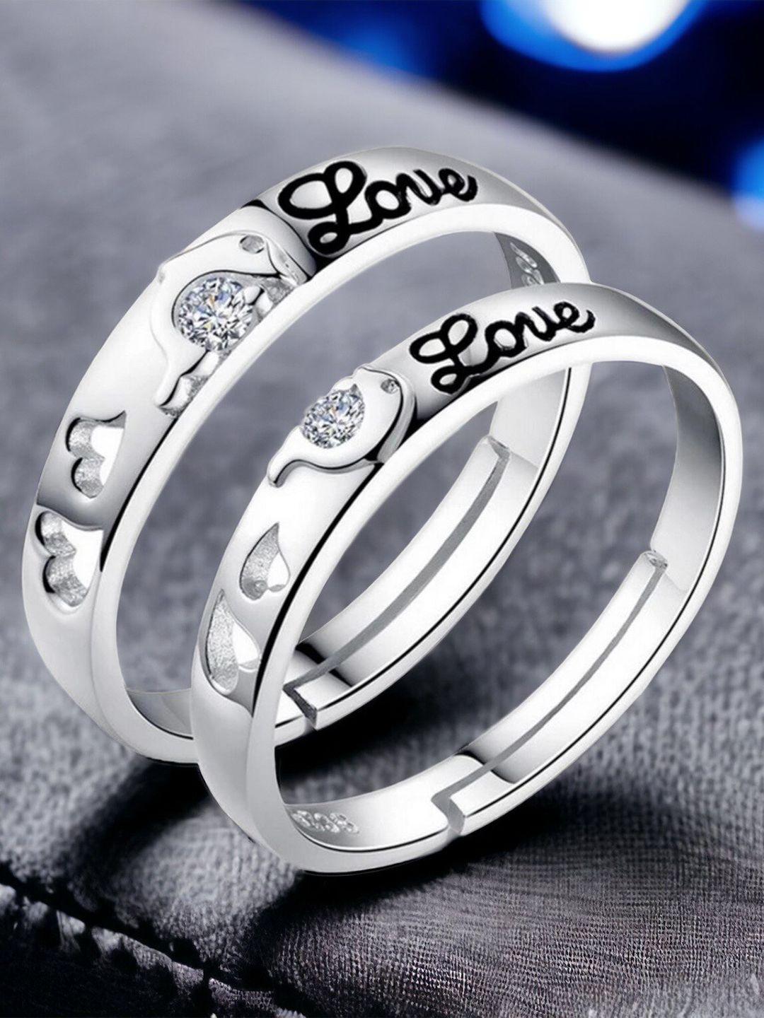 myki unisex set of 2 silver-plated & cz-studded couple adjustable finger rings