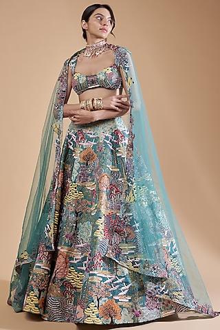 mykonos green raw silk printed lehenga set