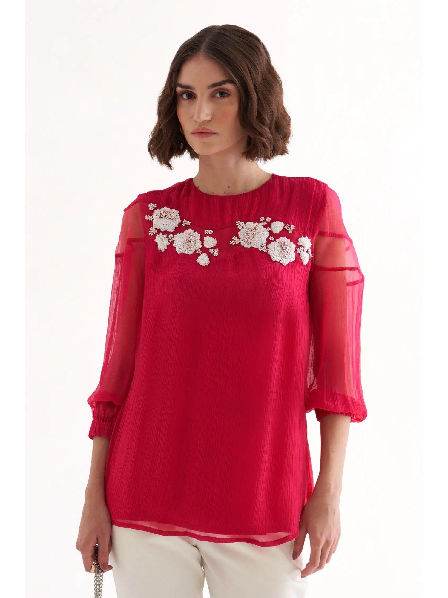 myla fuchsia crinkle chiffon embroidered top