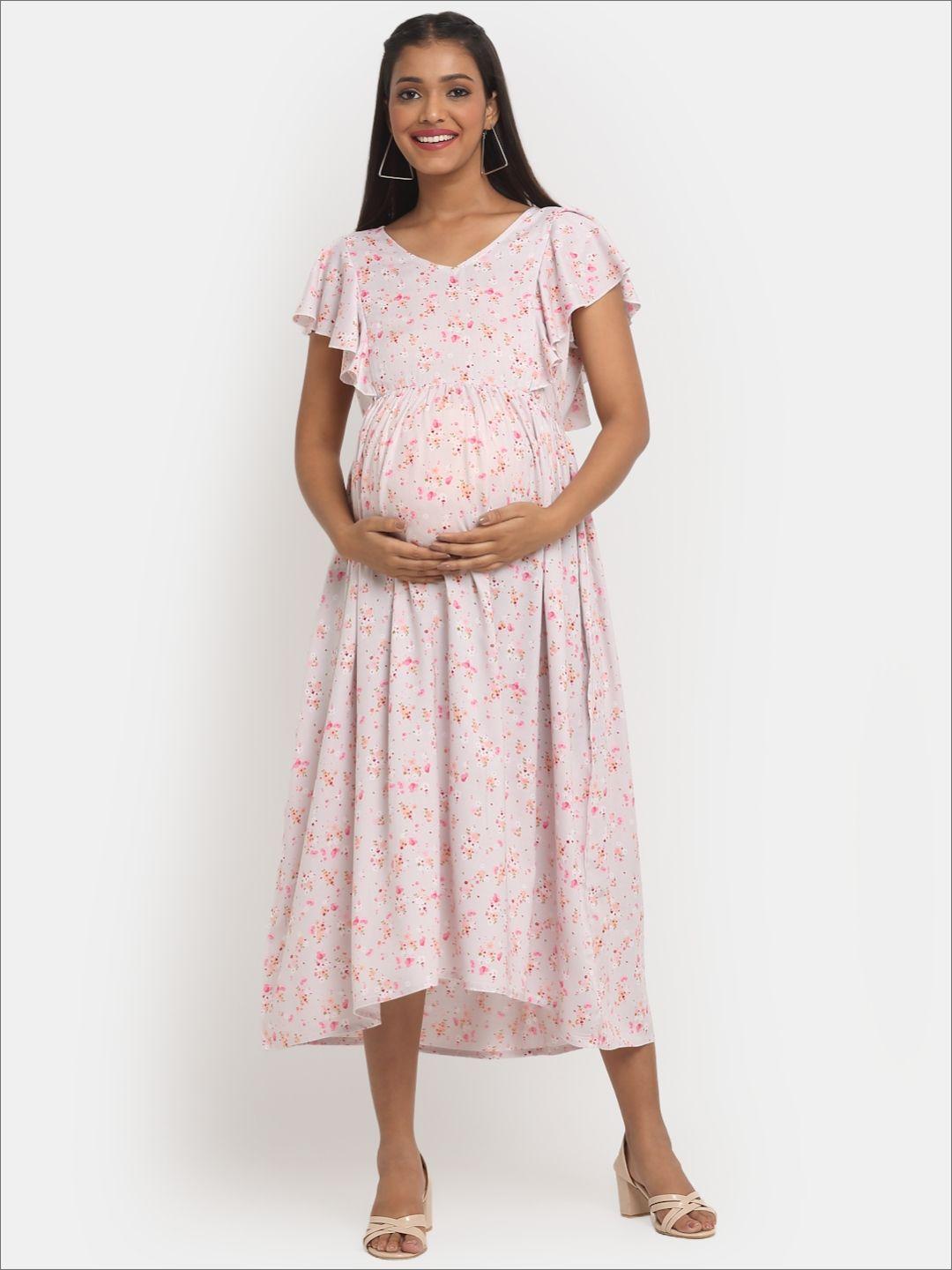 mylo essentials floral maternity a-line midi dress with zipper