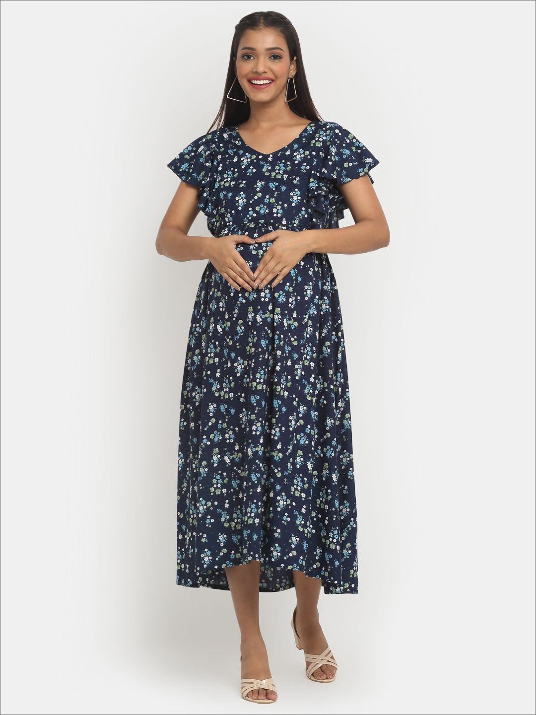 mylo essentials floral maternity a-line midi dress with zipper